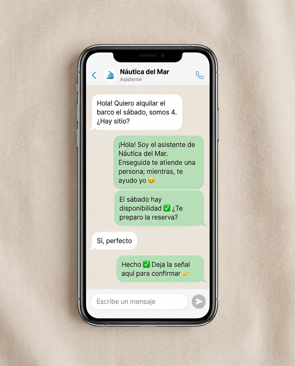 Conversación de reserva por WhatsApp con aviso humano